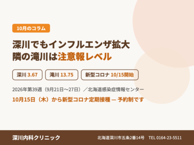 深川保健所管内のインフルエンザ定点あたり報告数3.67、隣の滝川は13.75で注意報レベル。新型コロナ定期接種は10月15日開始（予約制）