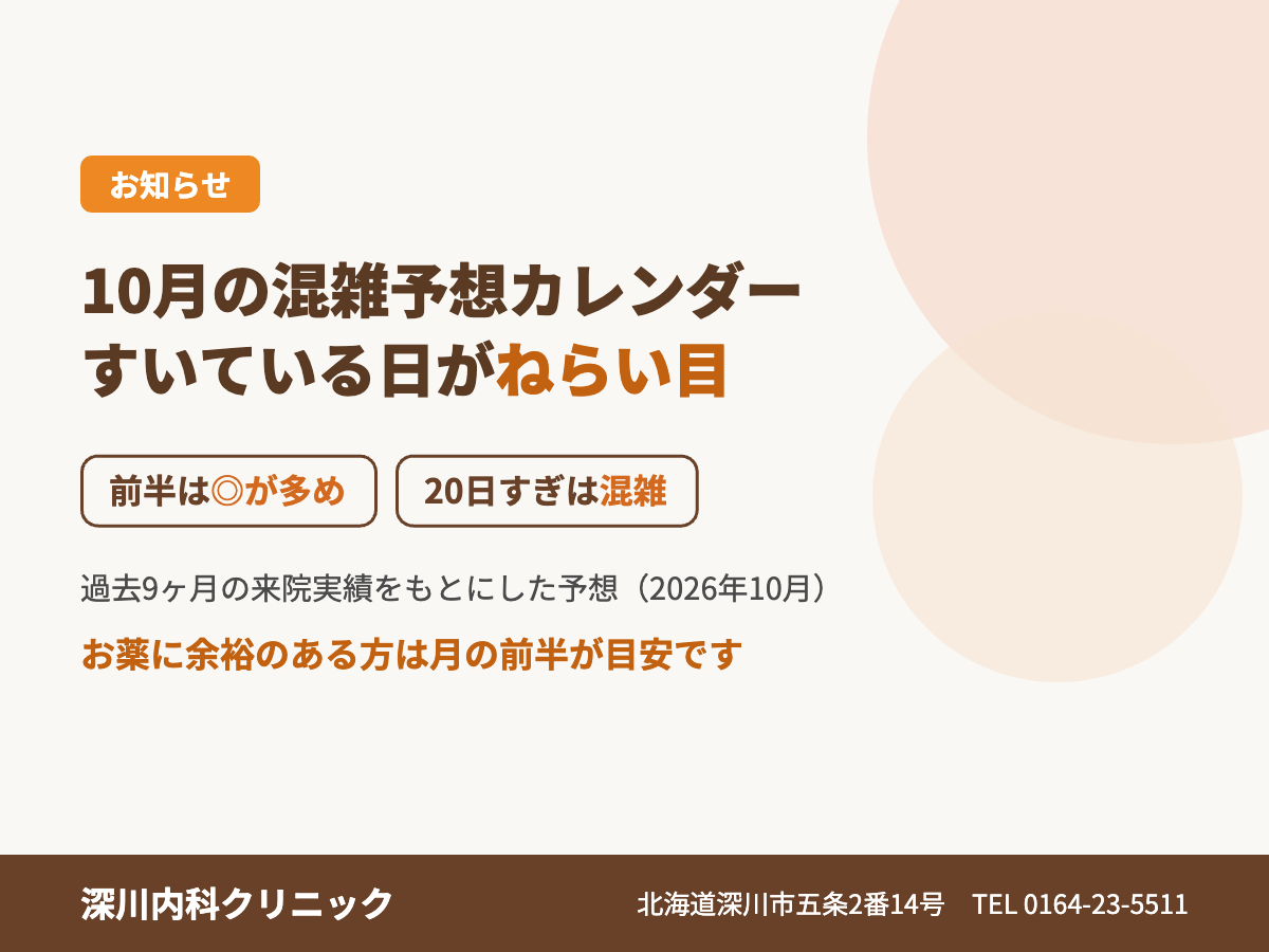 深川内科クリニック 2026年10月の混雑予想カレンダー